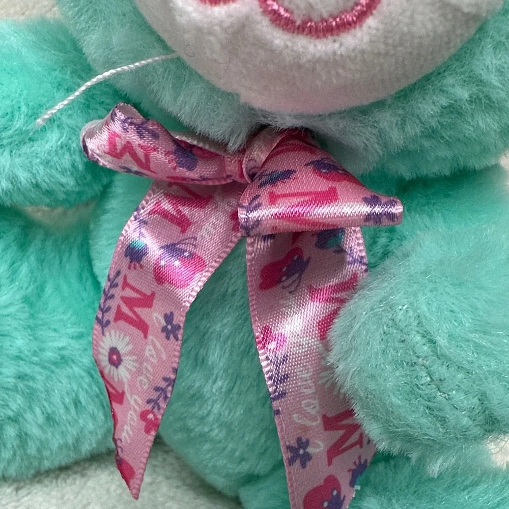 Mom I Love You Ribbon Bow Tie Plush Teal & Pink Teddy Bear Bow Ribbon NWOT